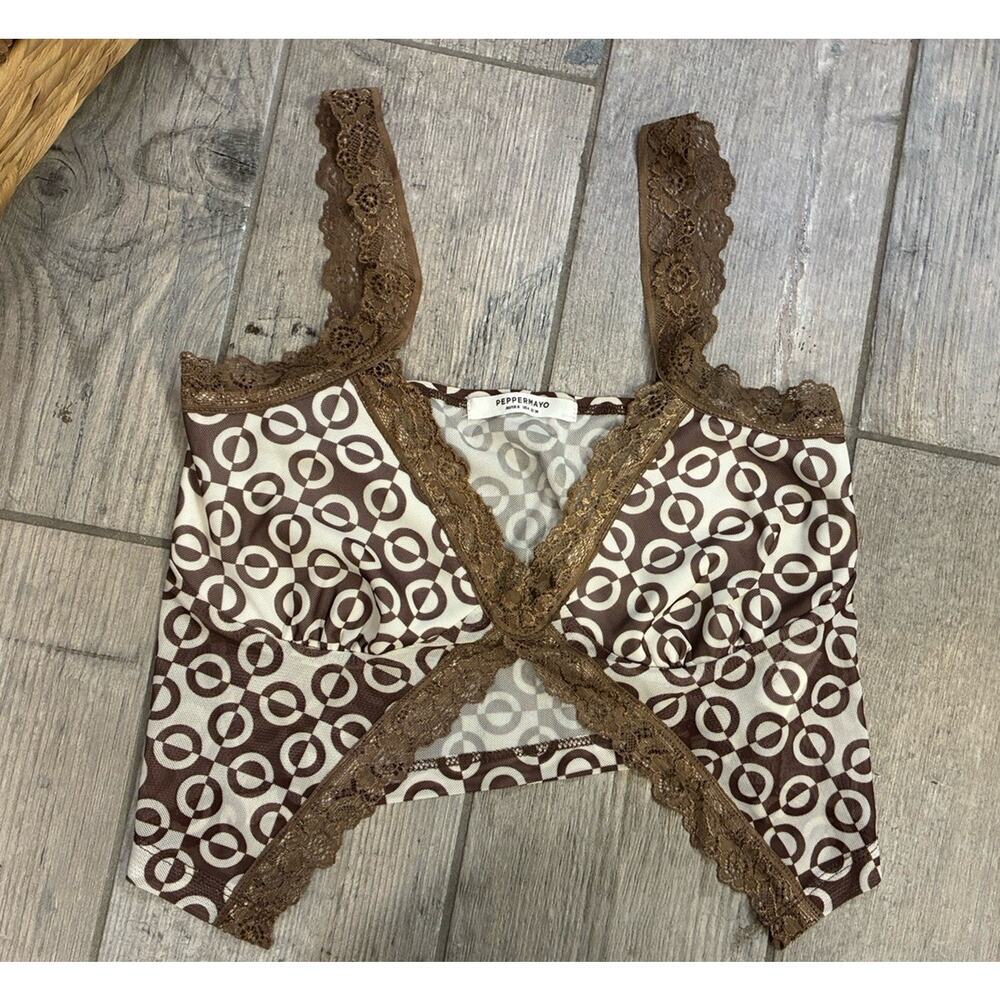 Peppermayo Retro Geometric Lace Cami Top - Choc/Cream - Size 4